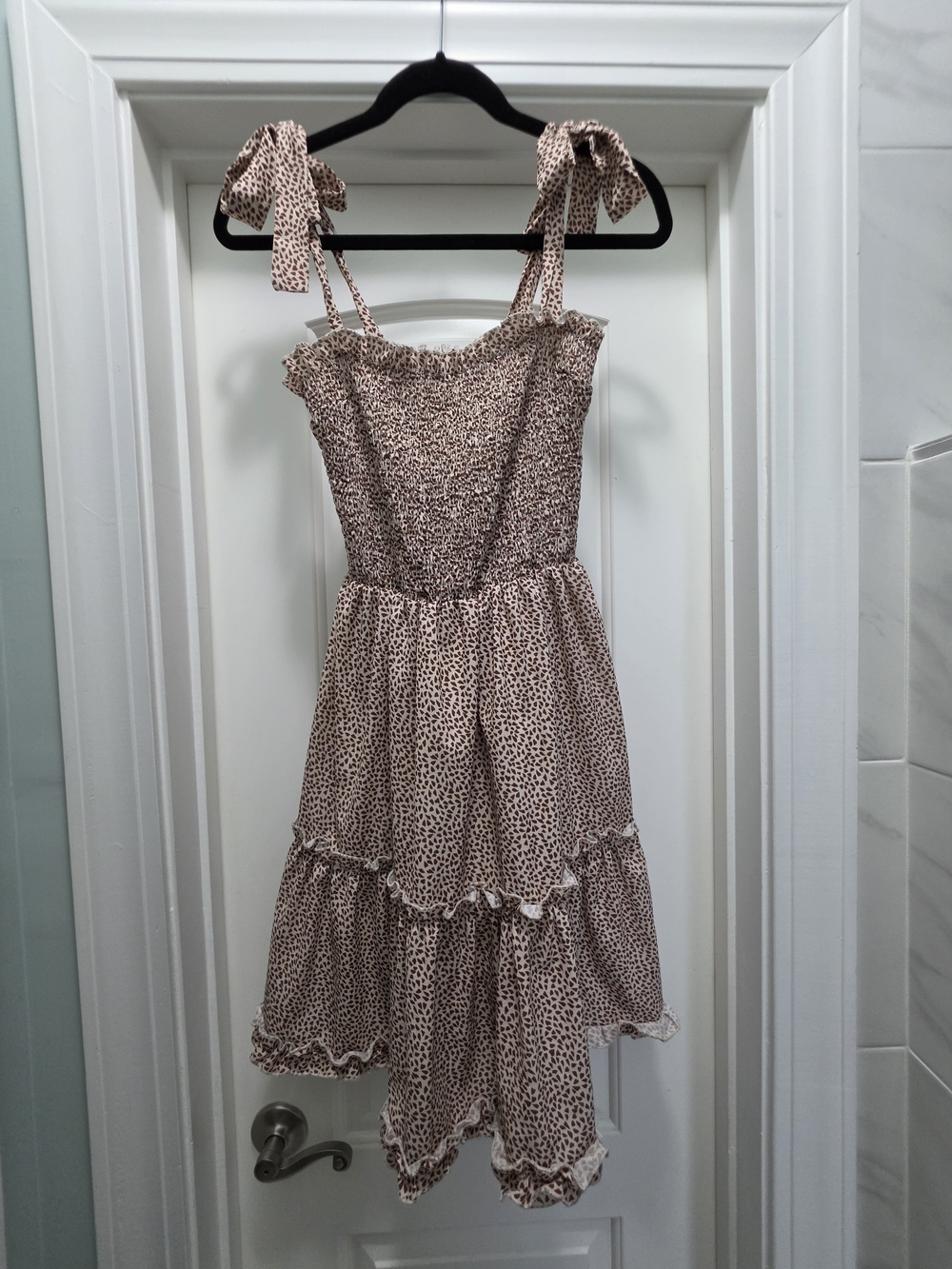 Tiered Smocked Sundress in Beige Leopard Print